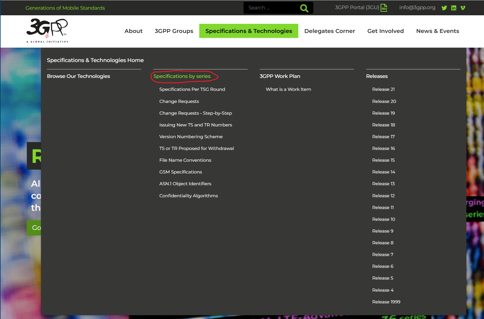 画面1：3GPP公式サイトのトップページ。「Specifications & Technologies」→「Specifications by series」を選ぶ